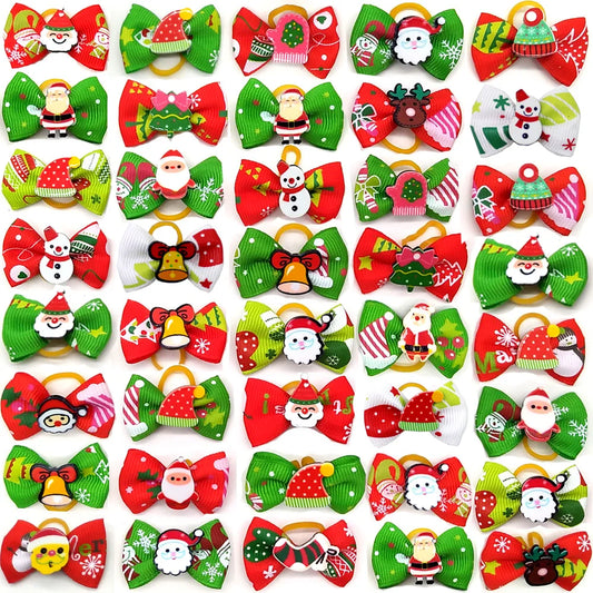 Wholesale 100pcs Christmas Dog Bows with Rubber Band  Snowman Bell Decoration Hair Bows Dog Accessories for Small Dogs Puppy